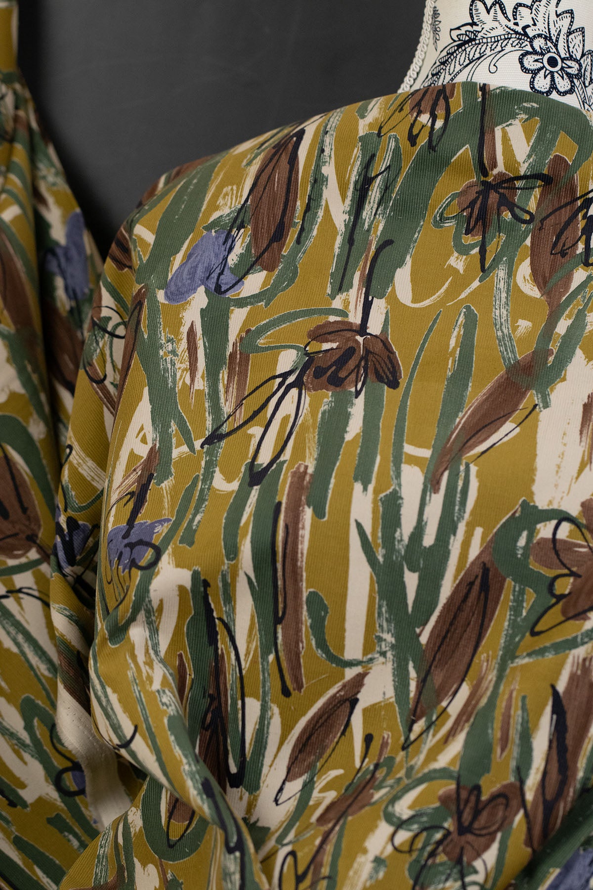 Abstract Floral Cotton Printed Corduroy Mustard