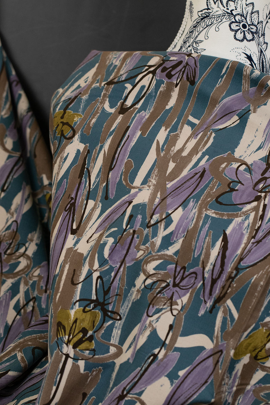 Abstract Floral Cotton Printed Corduroy Blue