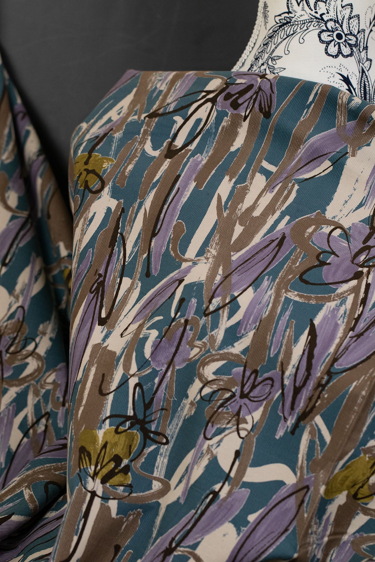 Abstract Floral Cotton Printed Corduroy Blue