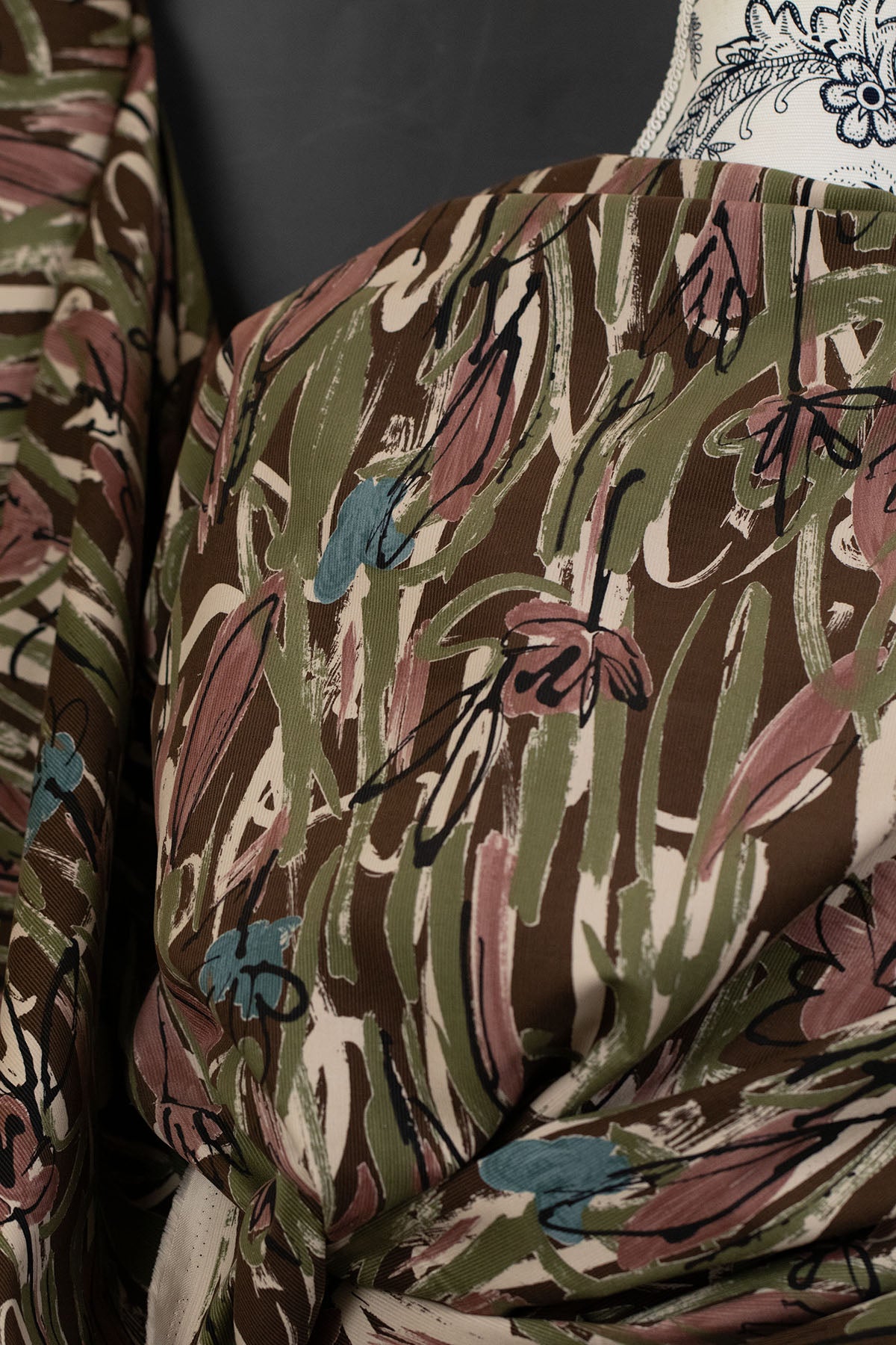 Abstract Floral Cotton Printed Corduroy Olive